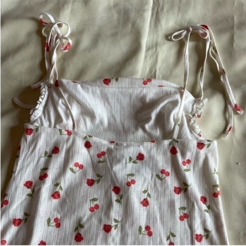 For Love And Lemon- White Mini Dress Rose Cherry Patterns Pointelle Dress Size L - Picture 9 of 12